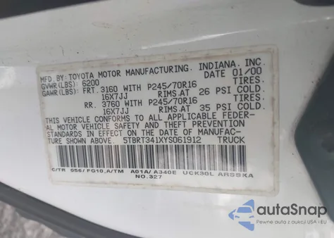 2000 Toyota Tundra Sr5 V8 z USA, uszkodzony, nr VIN 5TBRT341XYS061912